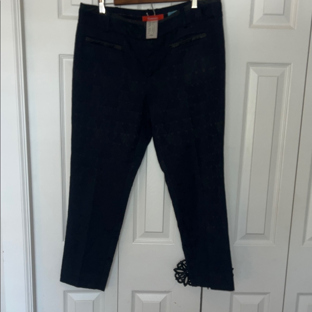 Anthropologie Cartonier Blue Cotton Lace Leather Trim Pants - size 12